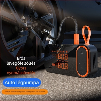 Hordozható autógumi felfújó digitális kijelzővel, USB töltés (120W, 7.4V, légáramlás 25 L/min)