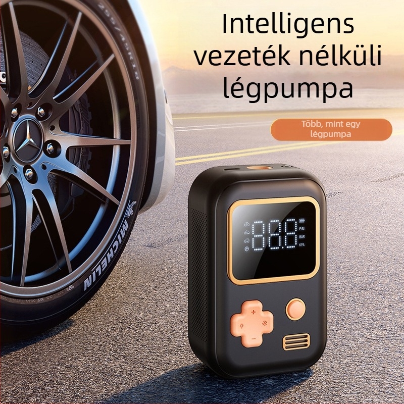 Hordozható autógumi felfújó digitális kijelzővel, USB töltés (120W, 7.4V, légáramlás 25 L/min)