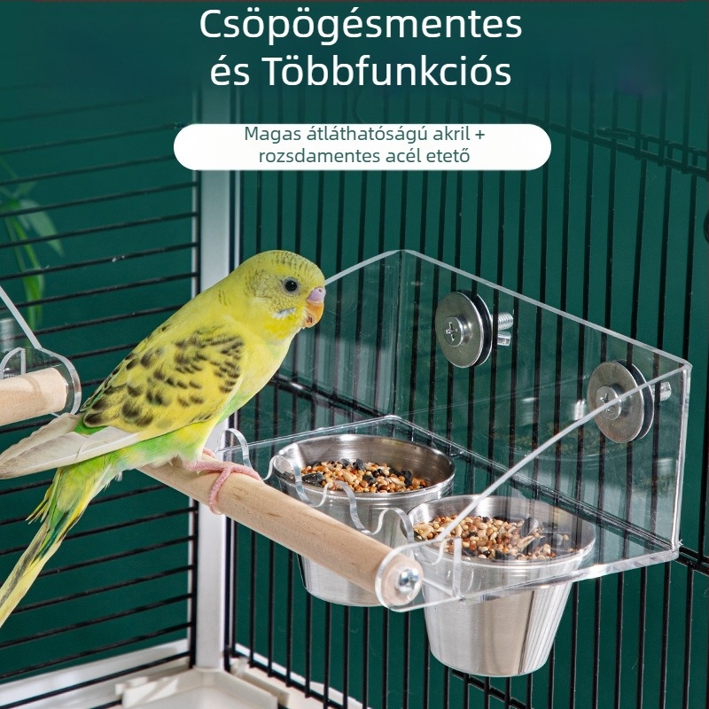 Átlátszó akril madáretető két rekesszel étel és víz számára; papagájok és egyéb madarak számára; rozsdamentes acél tál; csepp-mentes kialakítás.