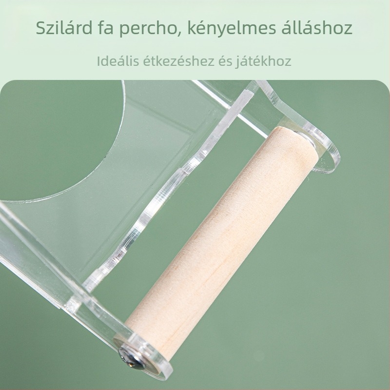 Átlátszó akril madáretető két rekesszel étel és víz számára; papagájok és egyéb madarak számára; rozsdamentes acél tál; csepp-mentes kialakítás.