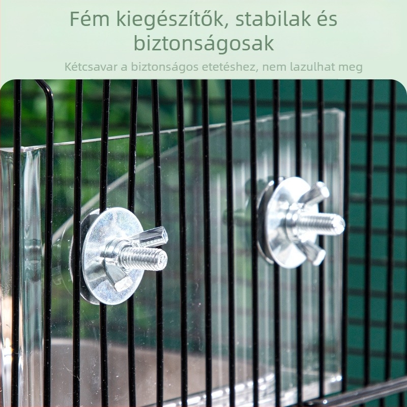 Átlátszó akril madáretető két rekesszel étel és víz számára; papagájok és egyéb madarak számára; rozsdamentes acél tál; csepp-mentes kialakítás.