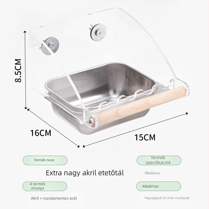 Átlátszó akril madáretető két rekesszel étel és víz számára; papagájok és egyéb madarak számára; rozsdamentes acél tál; csepp-mentes kialakítás.