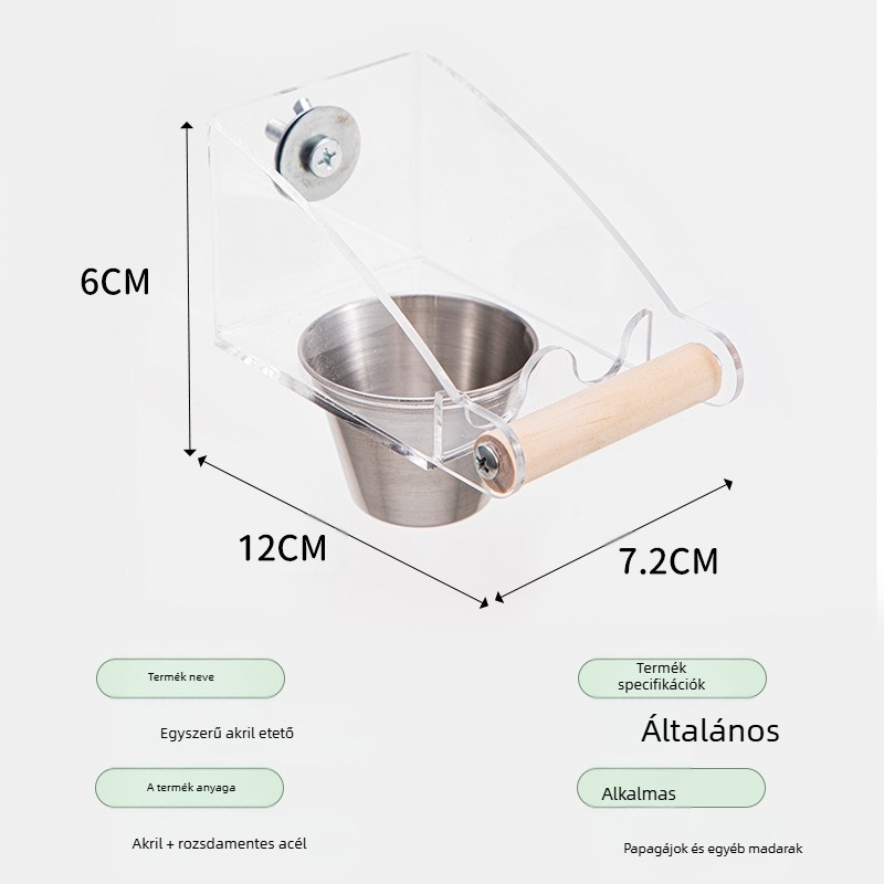 Átlátszó akril madáretető két rekesszel étel és víz számára; papagájok és egyéb madarak számára; rozsdamentes acél tál; csepp-mentes kialakítás.