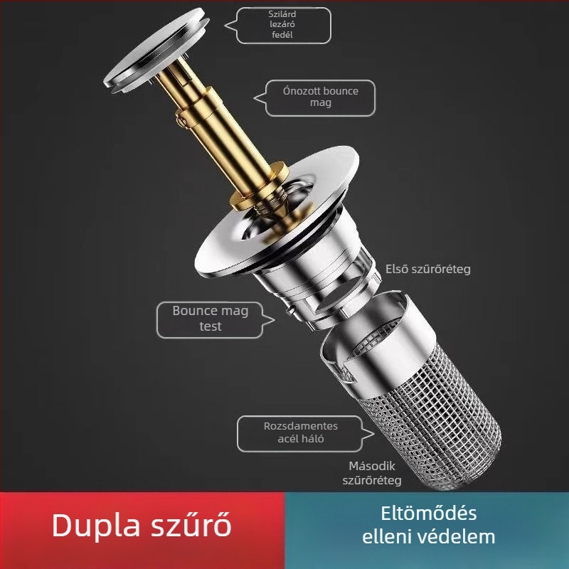 Mosdó- vagy mosogatólefolyódugó, univerzális ugró típus (ABS + rozsdamentes acél, rézmag)