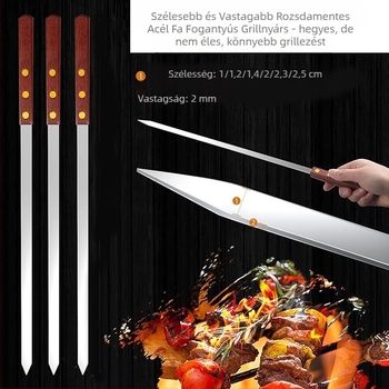 Fából készült markolattal grillnyársak, rozsdamentes acélból, Huge márka, 60 db dobozban, kültéri használatra és kempingezéshez