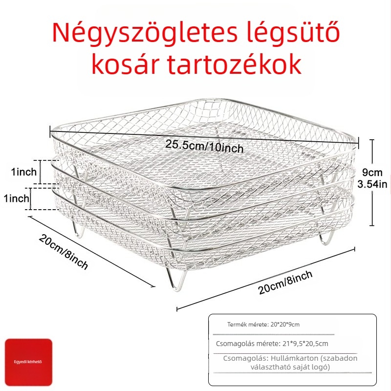 Rozsdamentes acélból készült háromrétegű grillszűrő rács légsütőhöz – vastagított deszárító keret, polírozott és ponthegesztett