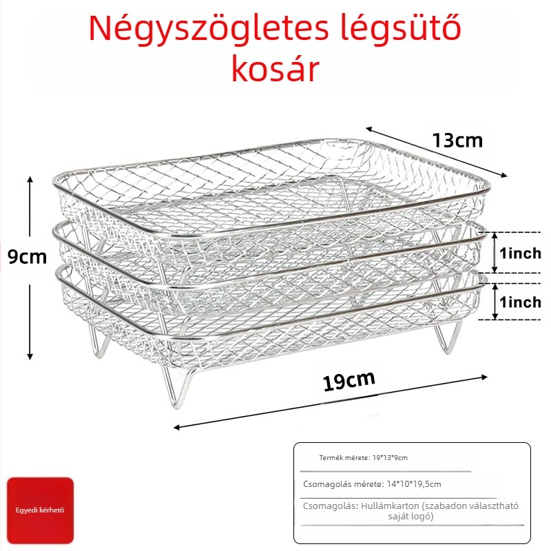 Rozsdamentes acélból készült háromrétegű grillszűrő rács légsütőhöz – vastagított deszárító keret, polírozott és ponthegesztett