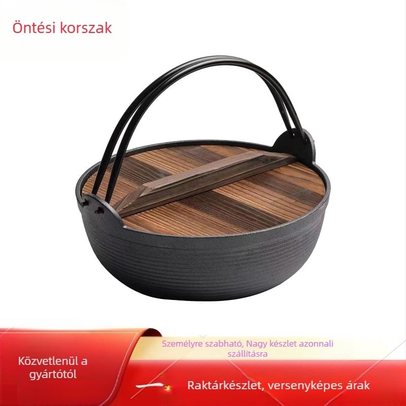 Öntöttvas kempinges lábas bevonat nélkül, 1–5 személyre, fedél fa és üveg, univerzális tűzhelyhez