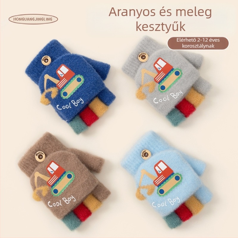 Gyerekek téli kesztyűje karikatúra mintával, félujjas stílus, kötött akril szálból, hőszigetelő meleg, gyerekeknek, tél és ősz