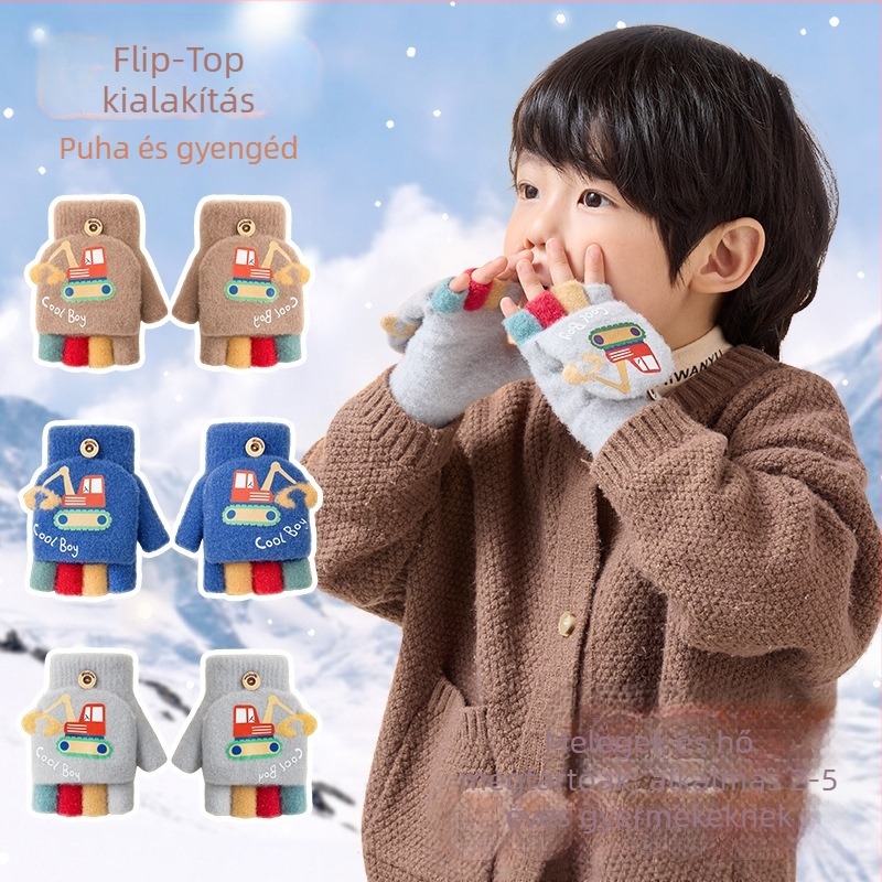 Gyerekek téli kesztyűje karikatúra mintával, félujjas stílus, kötött akril szálból, hőszigetelő meleg, gyerekeknek, tél és ősz