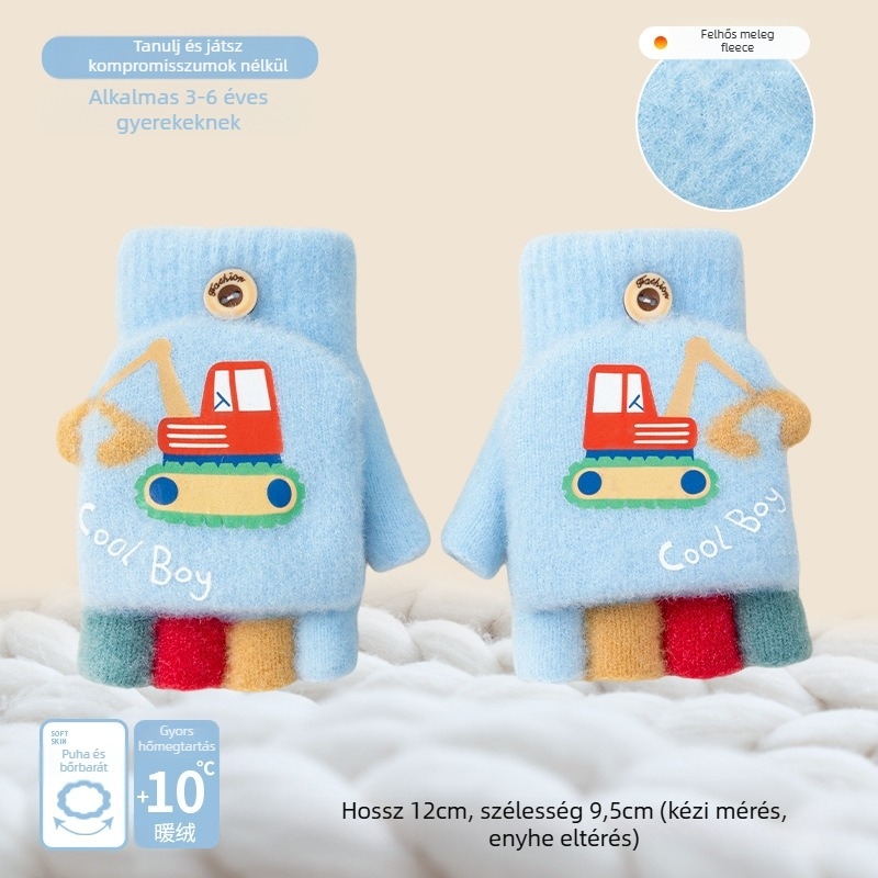 Gyerekek téli kesztyűje karikatúra mintával, félujjas stílus, kötött akril szálból, hőszigetelő meleg, gyerekeknek, tél és ősz