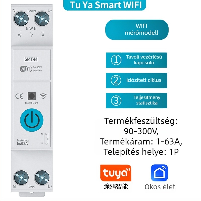 TYZHSOUL Tuya Smart Life WiFi áramkör-megszakító – DIN sínre szerelhető, 76–270V, 63A, távoli vezérlés és teljesítmény mérése
