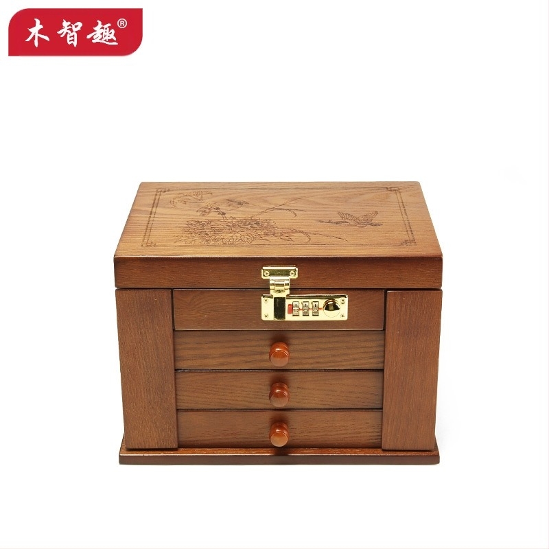 Fából készült ékszerdoboz zárható rekeszekkel, 18L kapacitással, virágos mintával