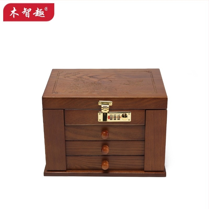 Fából készült ékszerdoboz zárható rekeszekkel, 18L kapacitással, virágos mintával