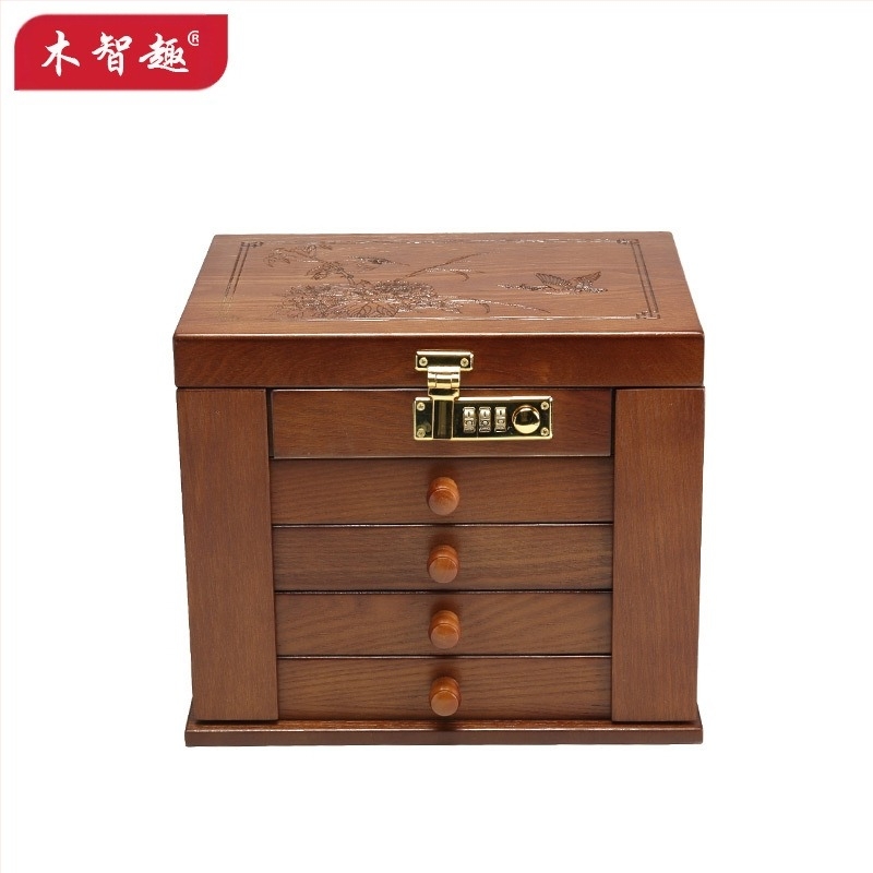 Fából készült ékszerdoboz zárható rekeszekkel, 18L kapacitással, virágos mintával