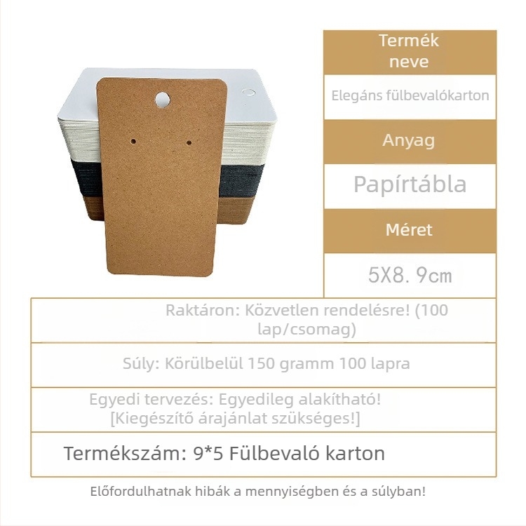 Fülbevaló kartonlapok, papír/karton anyag, 1 készlet/100 lap, belső csomagolás