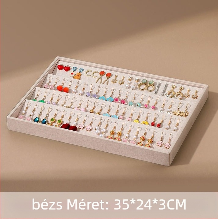 Velúr fülbevaló kiállító állvány és ékszeres tálca — 1 darab, kompozit anyagok, velúr külső, fülbevaló lemez, első szint, magas színvonalú megjelenés