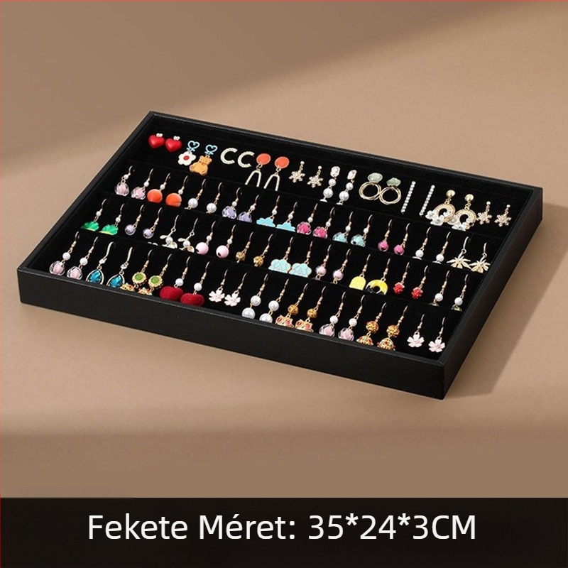 Velúr fülbevaló kiállító állvány és ékszeres tálca — 1 darab, kompozit anyagok, velúr külső, fülbevaló lemez, első szint, magas színvonalú megjelenés