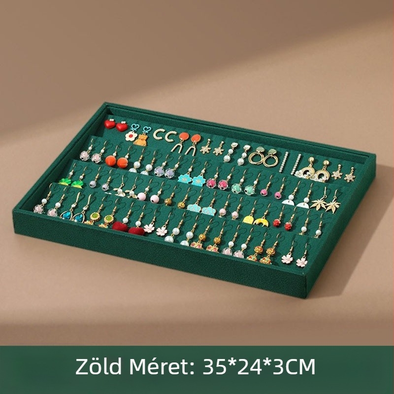 Velúr fülbevaló kiállító állvány és ékszeres tálca — 1 darab, kompozit anyagok, velúr külső, fülbevaló lemez, első szint, magas színvonalú megjelenés