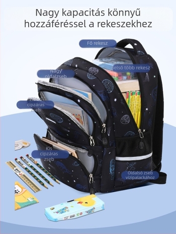 Vászonnal készült iskolatáska, vízálló, fényvisszaverő csíkok, nagy kapacitás, görbült vállpántok