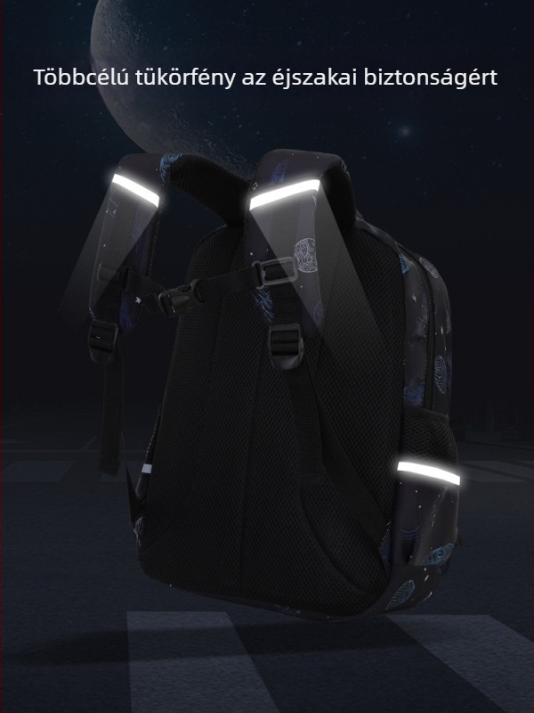 Vászonnal készült iskolatáska, vízálló, fényvisszaverő csíkok, nagy kapacitás, görbült vállpántok