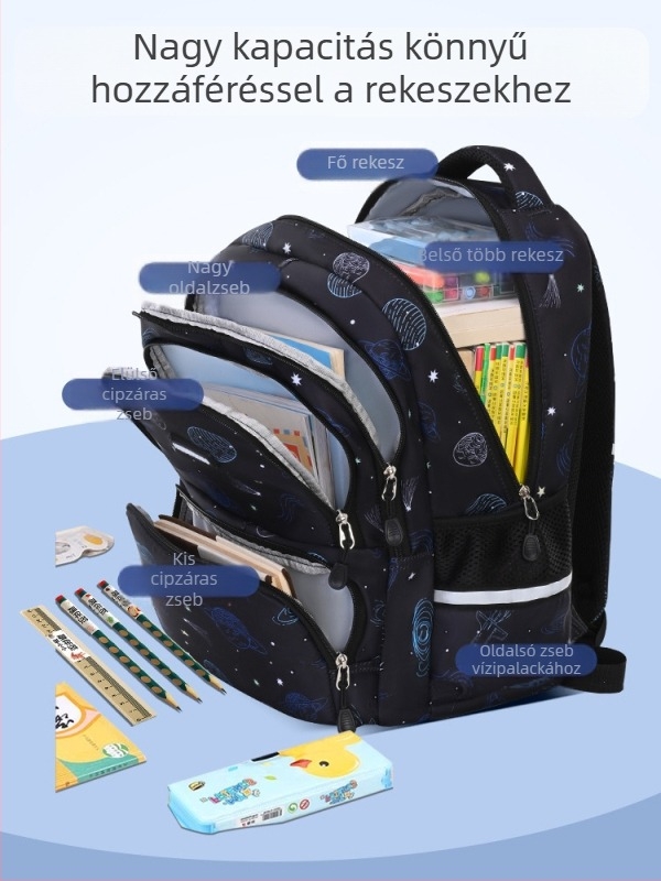 Vászonnal készült iskolatáska, vízálló, fényvisszaverő csíkok, nagy kapacitás, görbült vállpántok