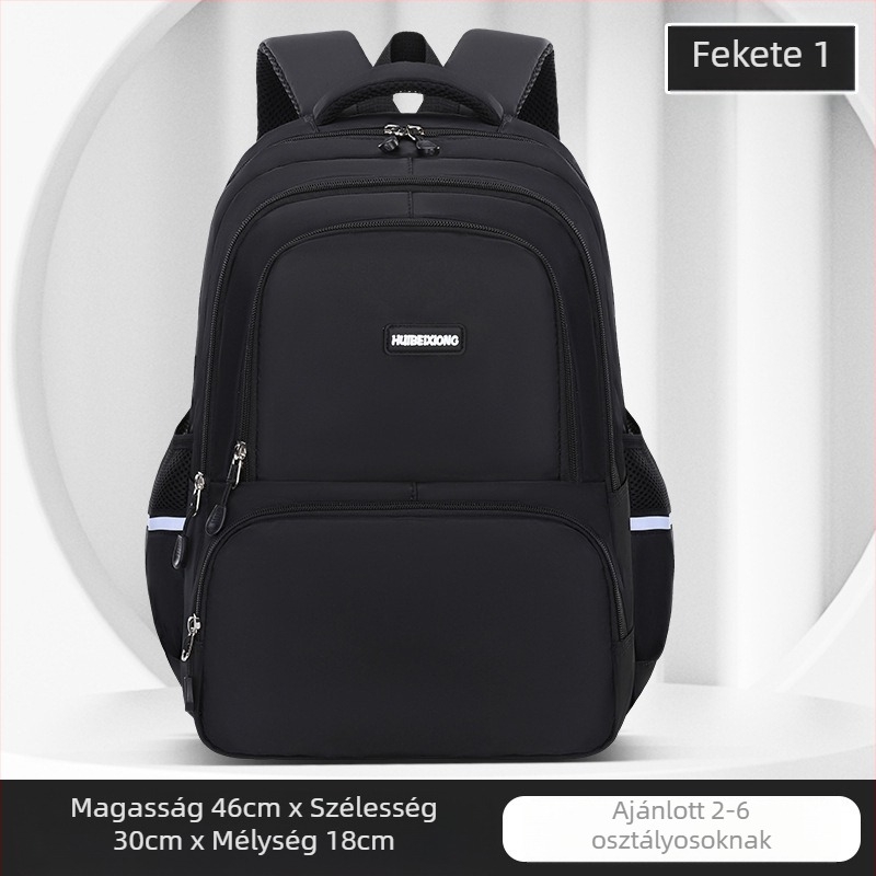 Vászonnal készült iskolatáska, vízálló, fényvisszaverő csíkok, nagy kapacitás, görbült vállpántok