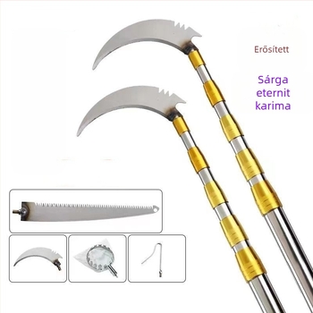 Teleszkópos gyümölcsszedő bot kampóval, rozsdamentes acél rúd és galvanizált gyümölcs szedőfej; 3–6 szakasz; tömeg 0,6 kg / 1,7 kg / 2,5 kg