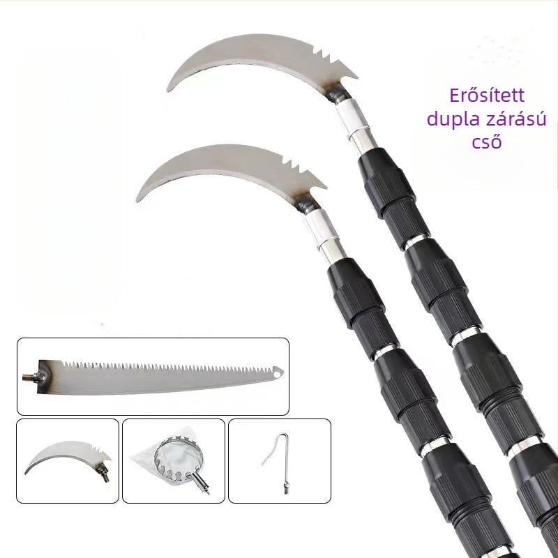 Teleszkópos gyümölcsszedő bot kampóval, rozsdamentes acél rúd és galvanizált gyümölcs szedőfej; 3–6 szakasz; tömeg 0,6 kg / 1,7 kg / 2,5 kg