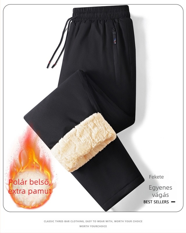 Kényelmes téli nadrág fleece béléssel, egyenes szabású, középmagas derék övvel, fűzővel zárható, 100% poliészter