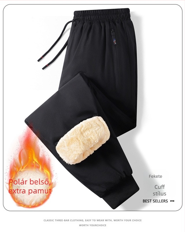 Kényelmes téli nadrág fleece béléssel, egyenes szabású, középmagas derék övvel, fűzővel zárható, 100% poliészter