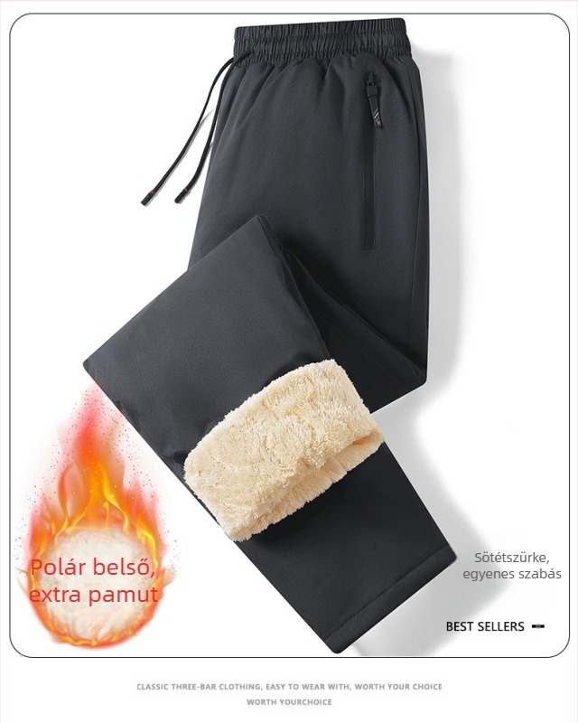 Kényelmes téli nadrág fleece béléssel, egyenes szabású, középmagas derék övvel, fűzővel zárható, 100% poliészter