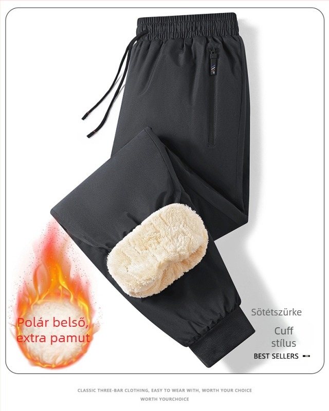 Kényelmes téli nadrág fleece béléssel, egyenes szabású, középmagas derék övvel, fűzővel zárható, 100% poliészter