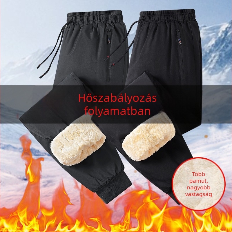 Kényelmes téli nadrág fleece béléssel, egyenes szabású, középmagas derék övvel, fűzővel zárható, 100% poliészter