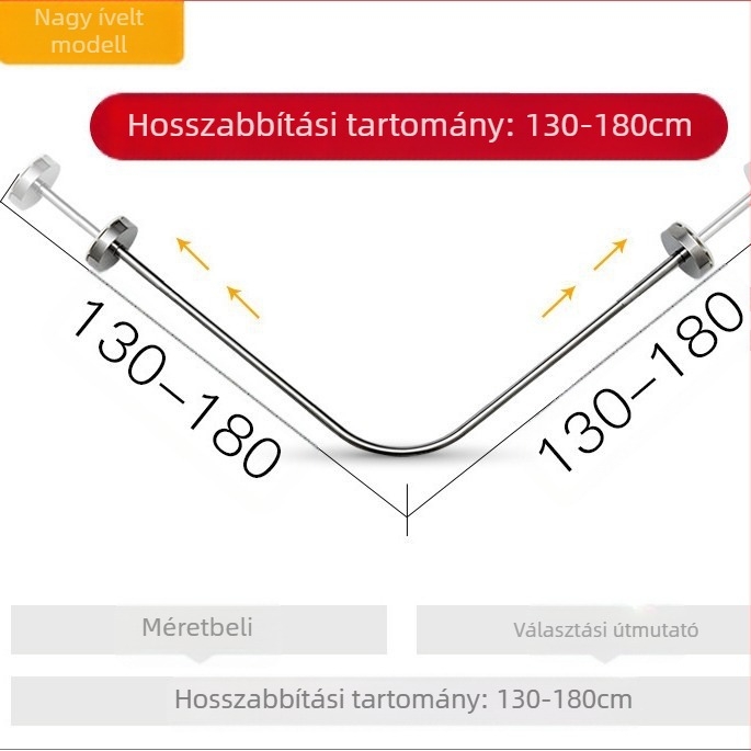 Rozsdamentes acélból készült ívelt U‑formájú összecsukható zuhanyrúda a fürdőszobához (fúrás nélküli)