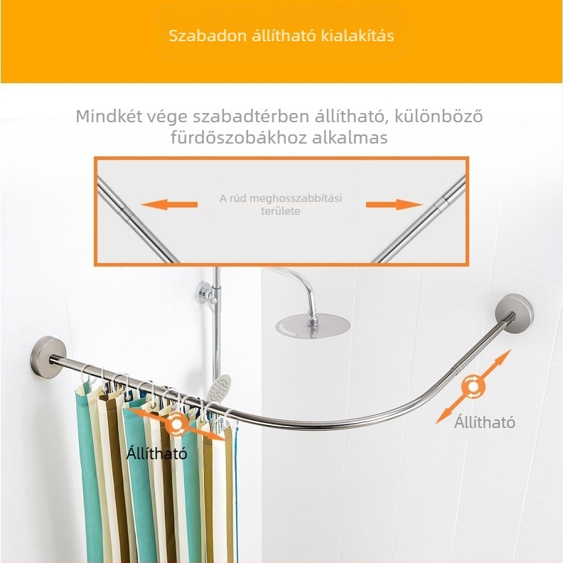 Rozsdamentes acélból készült ívelt U‑formájú összecsukható zuhanyrúda a fürdőszobához (fúrás nélküli)