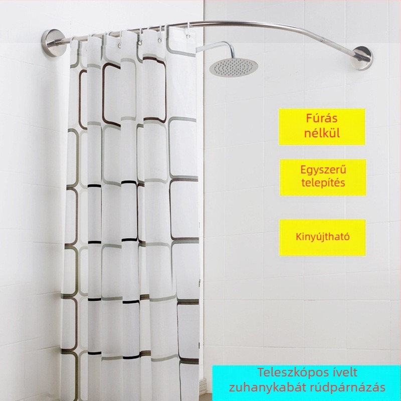 Rozsdamentes acélból készült ívelt U‑formájú összecsukható zuhanyrúda a fürdőszobához (fúrás nélküli)