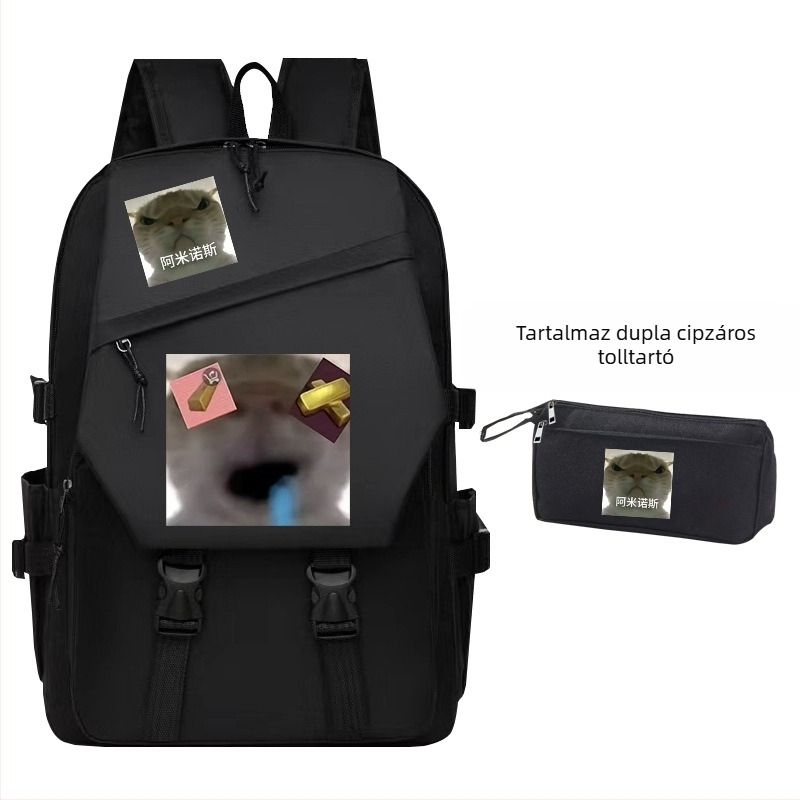 Hátizsák nagyfejű macska kifejezéssel és görbe szájjal - semleges nemek számára, 5-6 osztályos tanulók számára, Oxford vászon, gyerekes és aranyos stílus, 2024 ősz