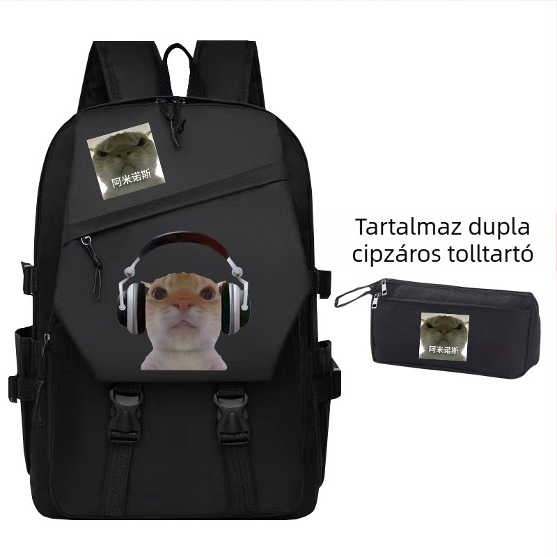 Hátizsák nagyfejű macska kifejezéssel és görbe szájjal - semleges nemek számára, 5-6 osztályos tanulók számára, Oxford vászon, gyerekes és aranyos stílus, 2024 ősz
