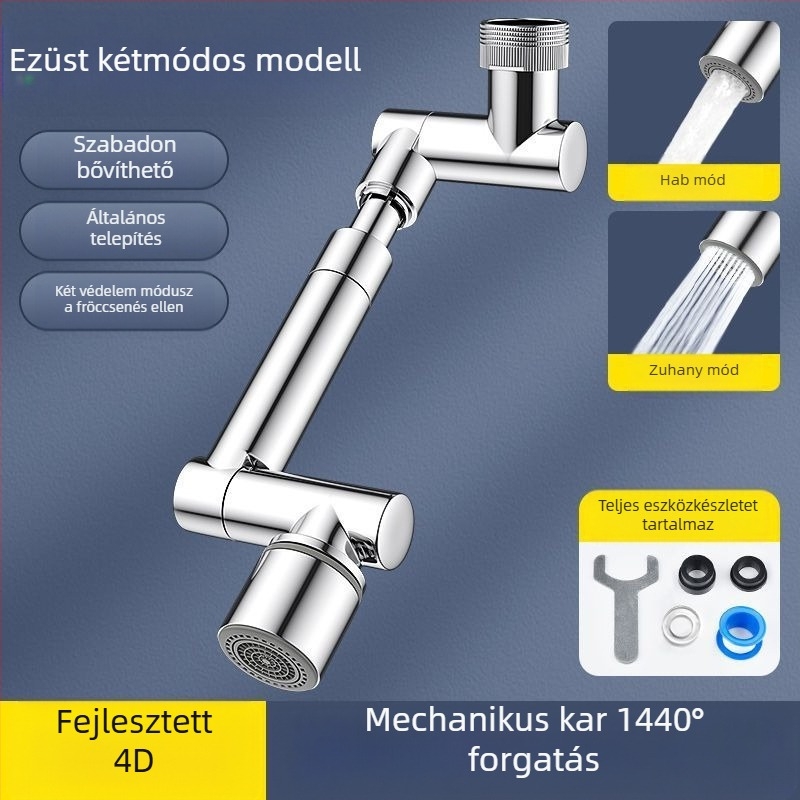 Mosogatóhoz készült mechanikus karú csap, 1440°-os forgatható kiömlő, ötvözet test, egykaros működtetés, elektroplattált felület, 0-80°C működési tartomány