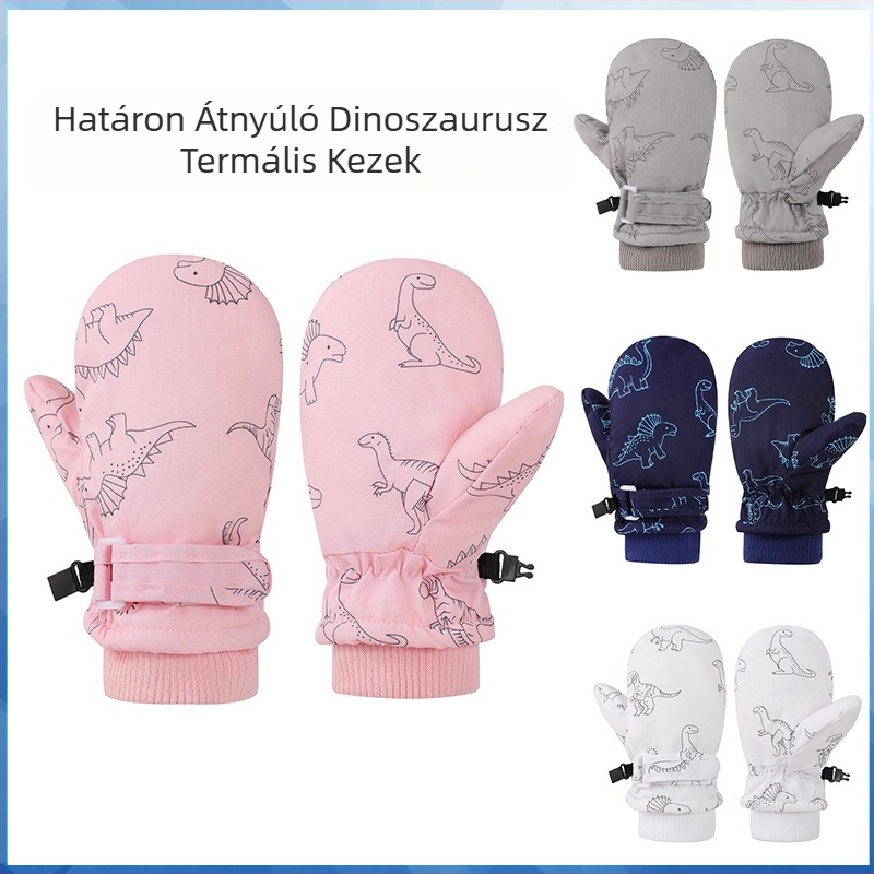 Gyerekeknek készült síkesztyűk mitten-stílusban, dinoszaurusz mintával, uniszex, 2–8 éves, poliészter