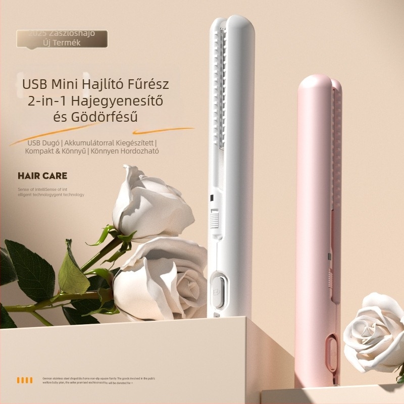 USB-táplált mini hajvasaló és göndörítő – kettős használat egyenesítésre és göndörítésre, hajszálak kímélésével; turmalin kerámia melegítő; kompatibilis külső power bankkal; 13W/5V; hőmérséklet-szabályozás