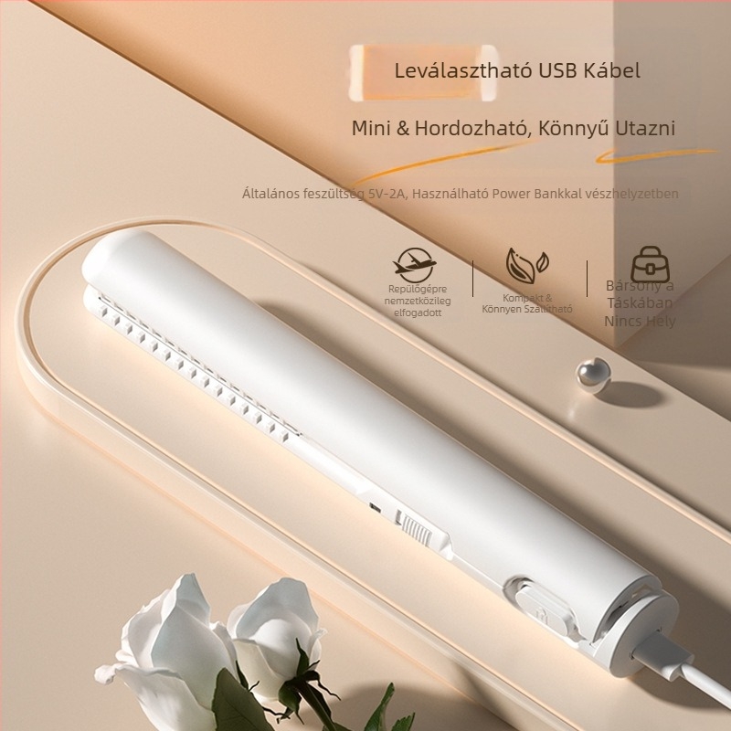 USB-táplált mini hajvasaló és göndörítő – kettős használat egyenesítésre és göndörítésre, hajszálak kímélésével; turmalin kerámia melegítő; kompatibilis külső power bankkal; 13W/5V; hőmérséklet-szabályozás