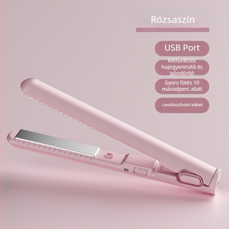 USB-táplált mini hajvasaló és göndörítő – kettős használat egyenesítésre és göndörítésre, hajszálak kímélésével; turmalin kerámia melegítő; kompatibilis külső power bankkal; 13W/5V; hőmérséklet-szabályozás