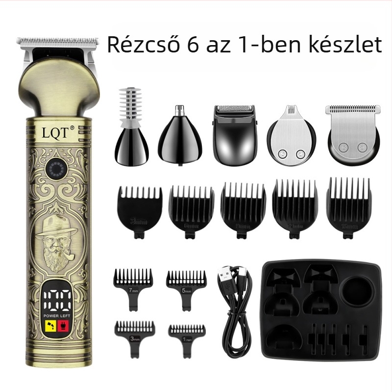 6 az egyben elektromos hajvágó, sokoldalú trimmelő orr-szőrzet funkcióval, erőteljes motor, beépített 1000–1200 mAh akkumulátor, rozsdamentes acél pengék, digitális kijelző