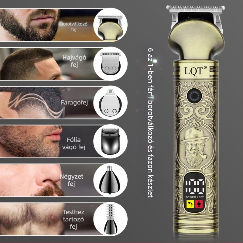 6 az egyben elektromos hajvágó, sokoldalú trimmelő orr-szőrzet funkcióval, erőteljes motor, beépített 1000–1200 mAh akkumulátor, rozsdamentes acél pengék, digitális kijelző