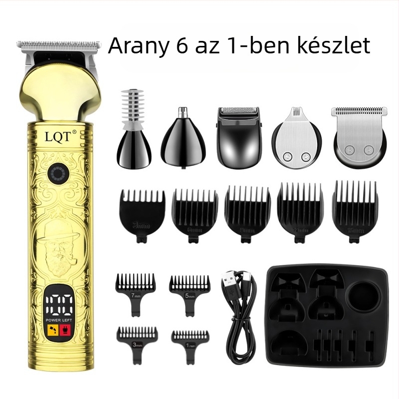 6 az egyben elektromos hajvágó, sokoldalú trimmelő orr-szőrzet funkcióval, erőteljes motor, beépített 1000–1200 mAh akkumulátor, rozsdamentes acél pengék, digitális kijelző