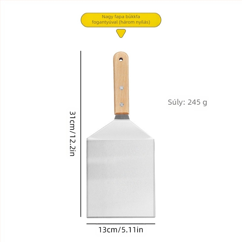 Rozsdamentes acél spatula bükkfa nyéllel, BBQ-hoz, palacsintákhoz és steakhez