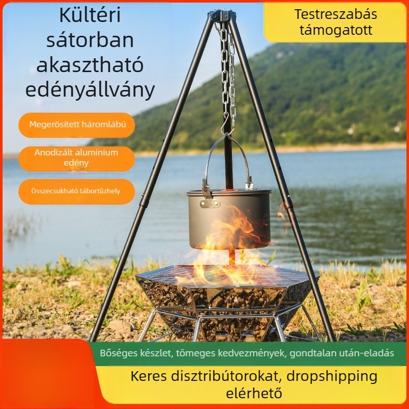 Mount Rock kültéri háromlábú tábortűz állvány edények függesztésére — alumíniumötvözet, hordozható, könnyű, kettős használat