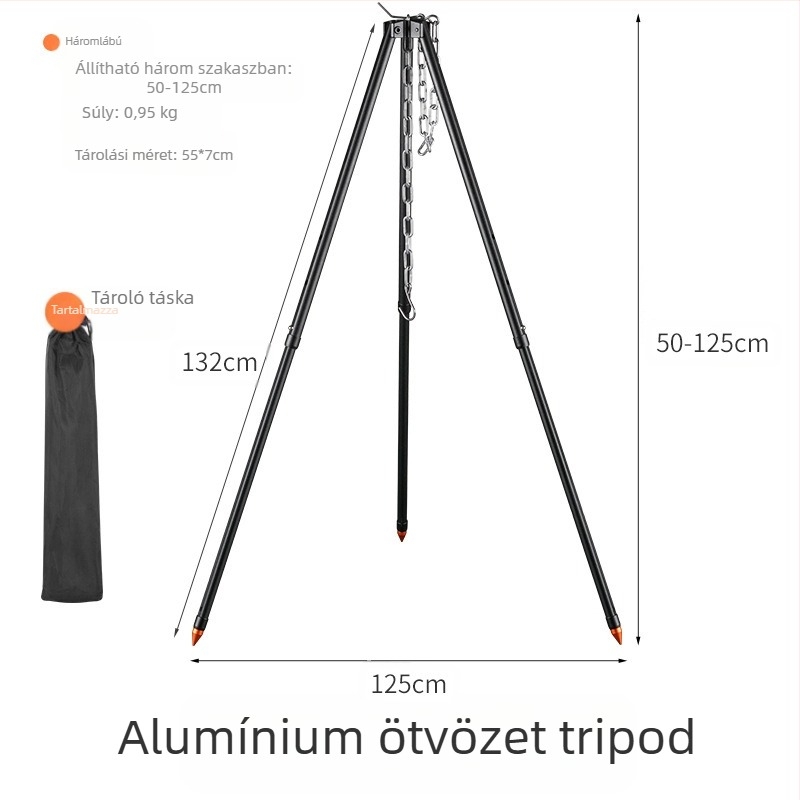 Mount Rock kültéri háromlábú tábortűz állvány edények függesztésére — alumíniumötvözet, hordozható, könnyű, kettős használat